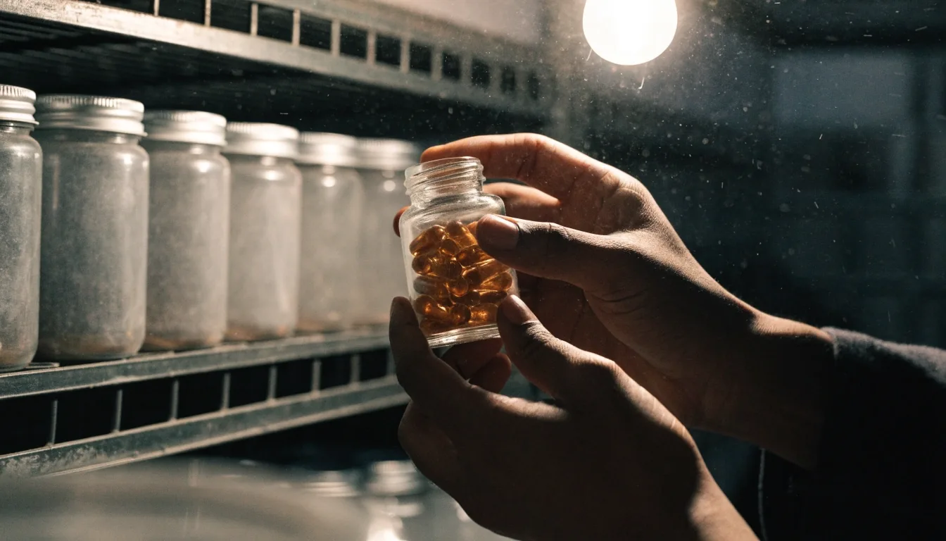 An editor inspecting an unbranded supplement bottle under a flashlight in a storage room