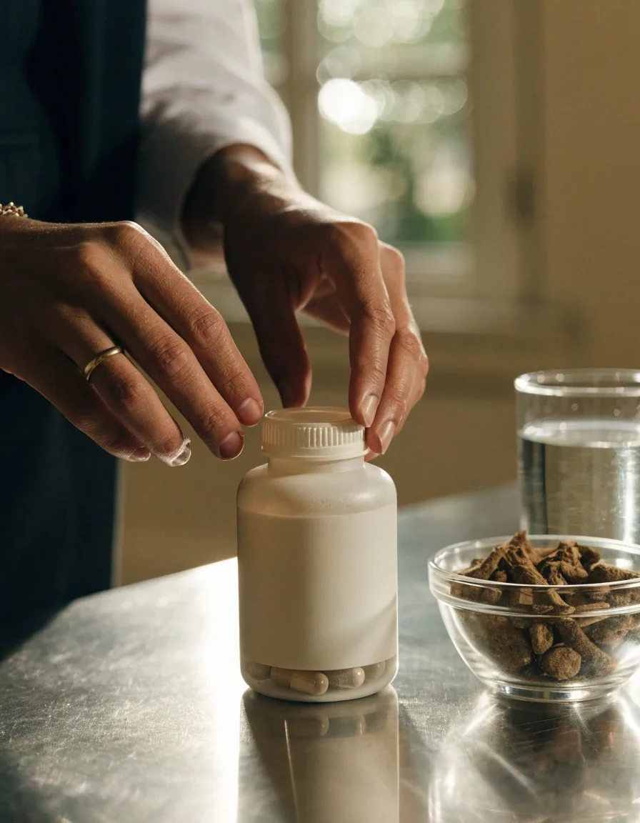 Hands checking an unbranded supplement bottle against an unreadable ingredient panel