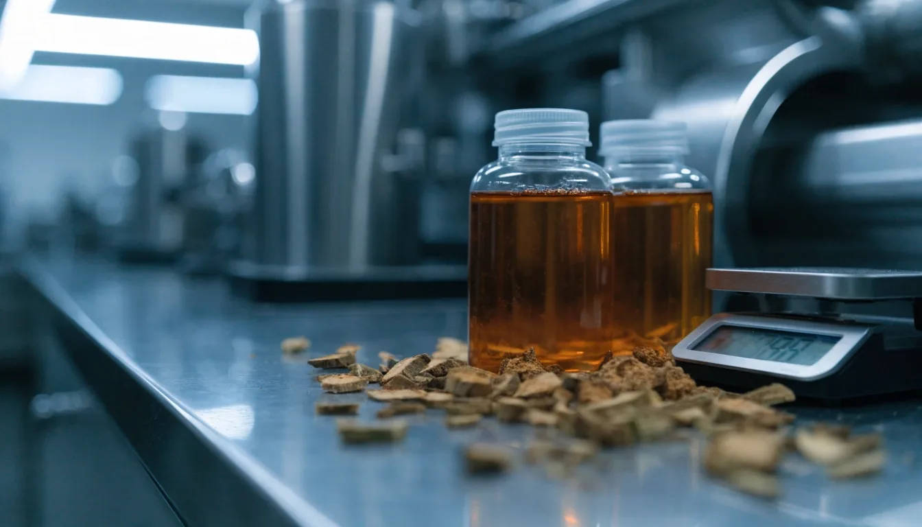 Unbranded amber supplement bottles and a small scale on a stainless steel work surface in a bottling room