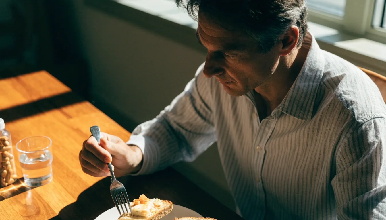 A man eating a simple breakfast at a wooden table with a plain supplement bottle and glass of water beside his plate