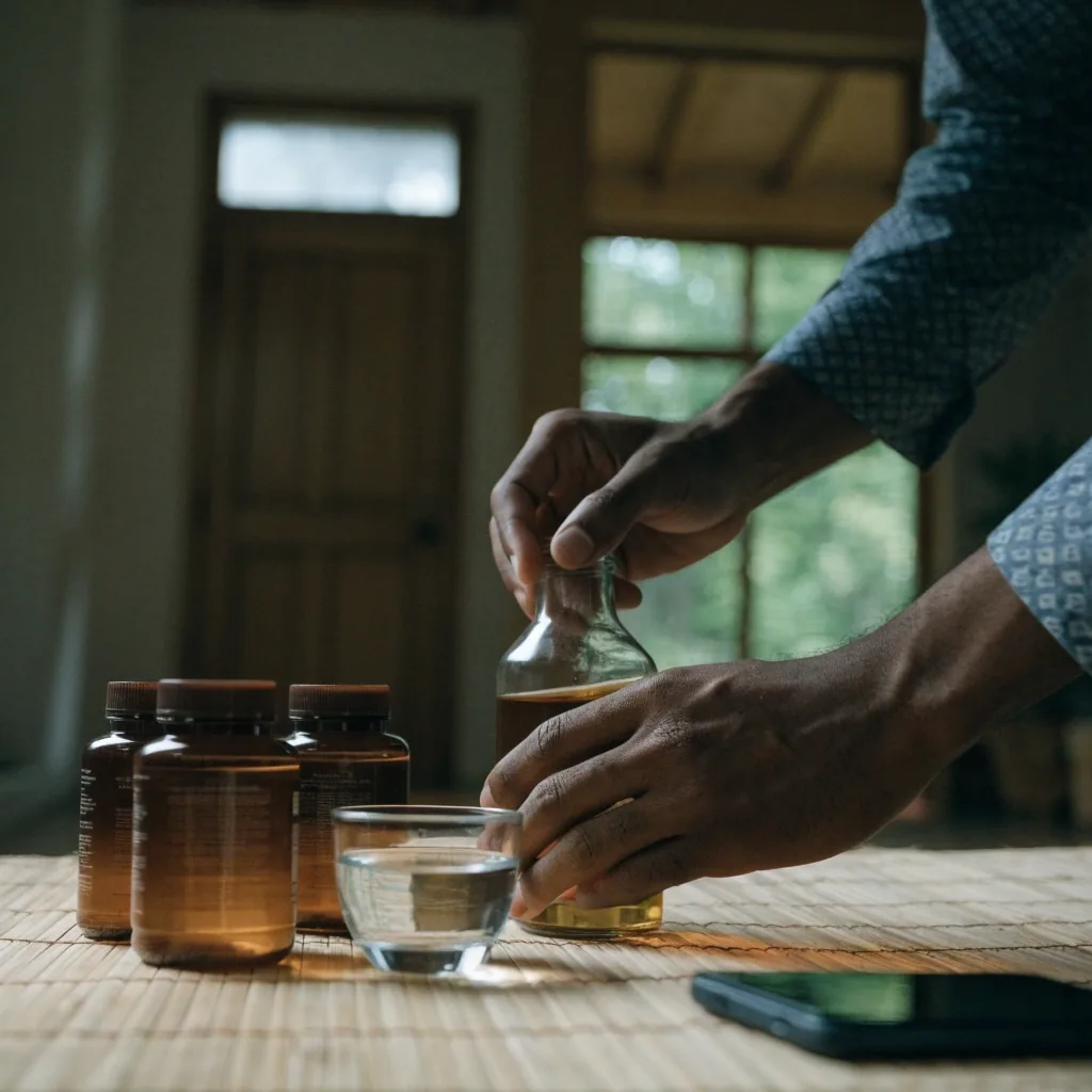 A man at home in bright morning light holding a plain supplement bottle while checking a note on his phone