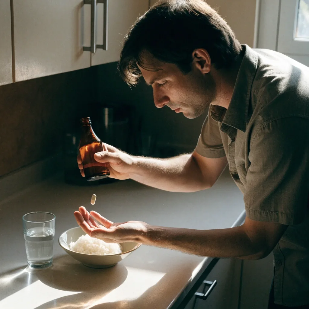 A man pouring a capsule from a plain supplement bottle onto his palm at a sunlit morning kitchen counter