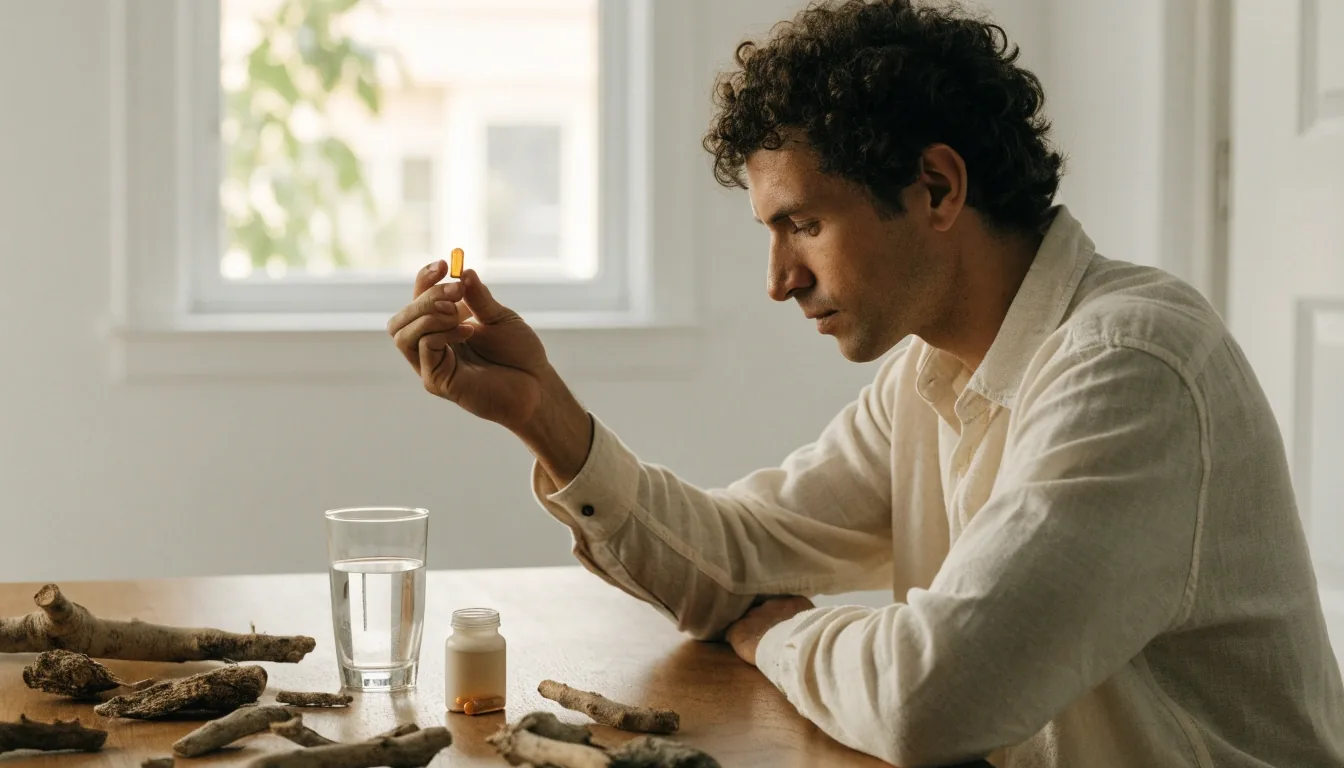 A man examining a supplement capsule at a sunlit table with a glass of water and botanical roots nearby