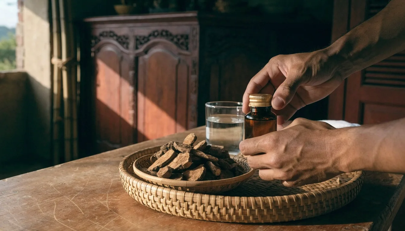 Hands turning a supplement bottle on a dark counter beside a glass jar of dried roots