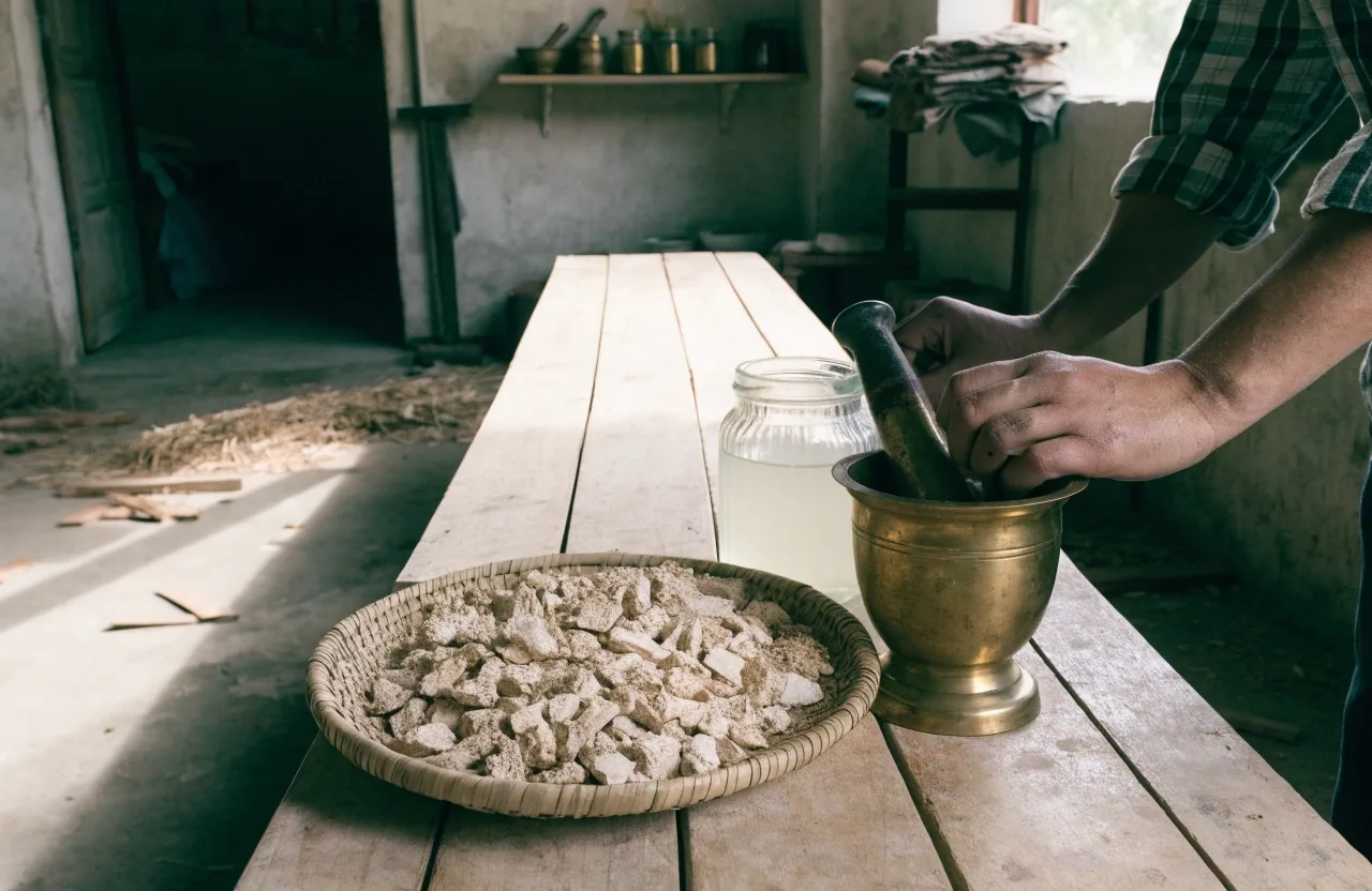 Dried tongkat ali root shavings and a steel scoop on a bench in a herbal workshop