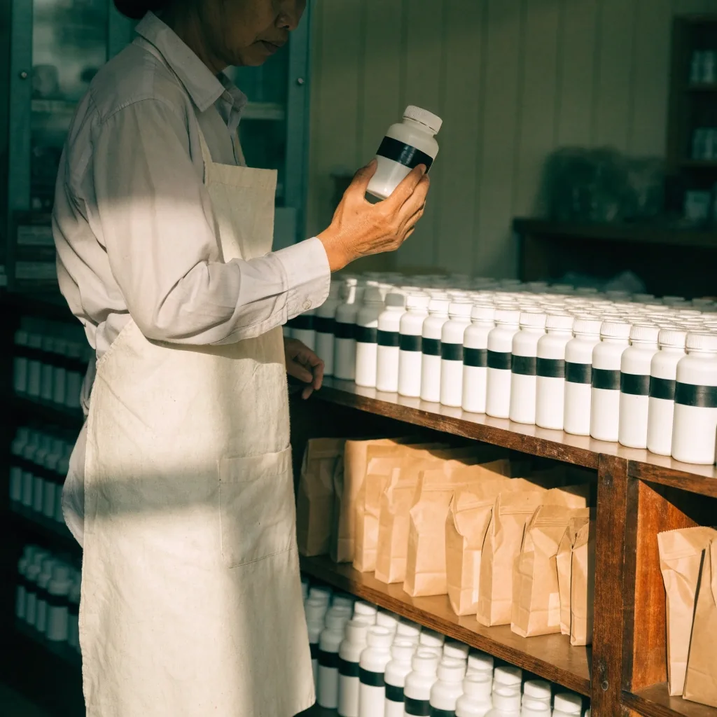 A staff member checking the back panel of a supplement bottle on the shelves of a small health shop