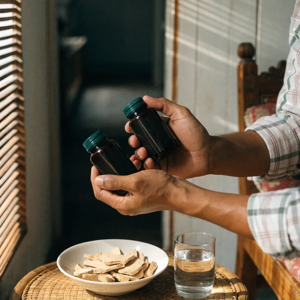 Hands comparing two plain supplement bottles turned to their back panels on a wooden table