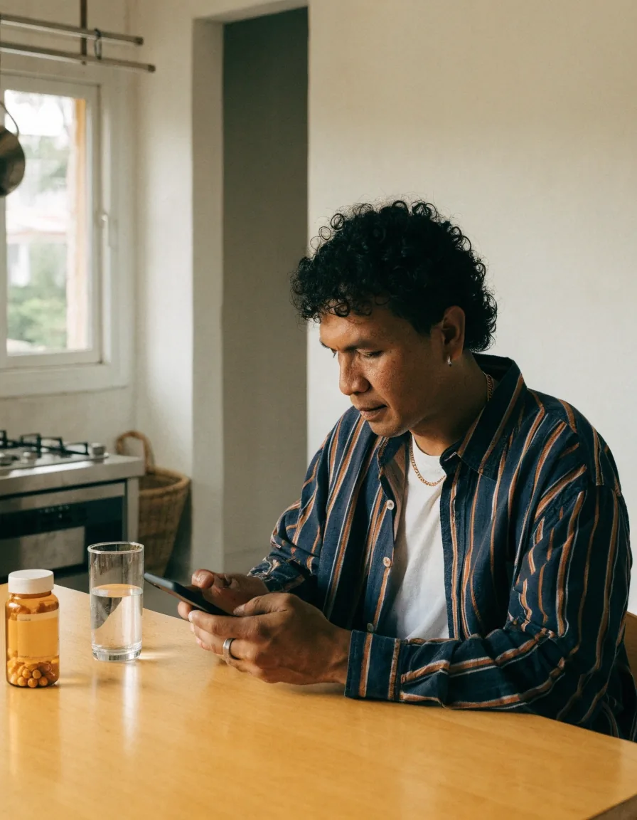 A man writing a short message on his phone at a kitchen table with a glass of water beside him
