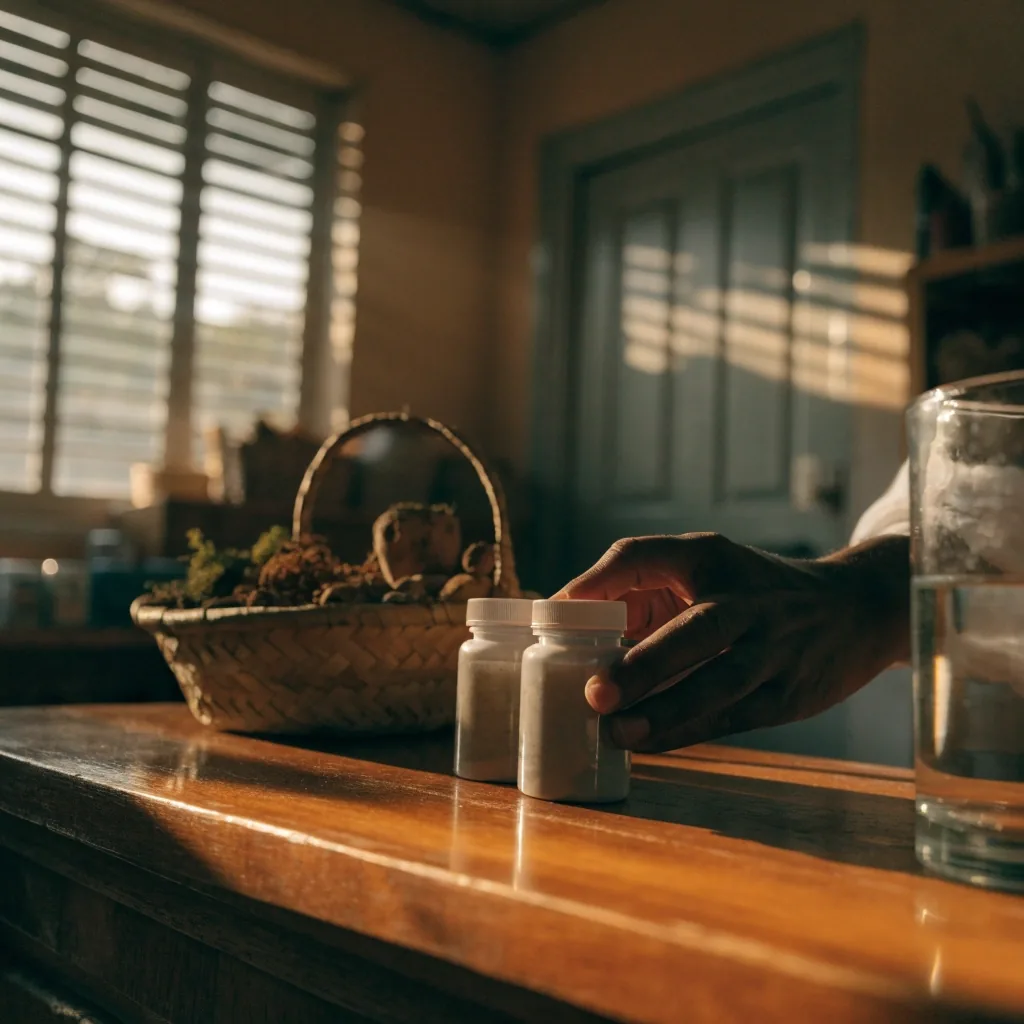 A quiet shop counter at the end of the day with supplement bottles lined up in soft amber light