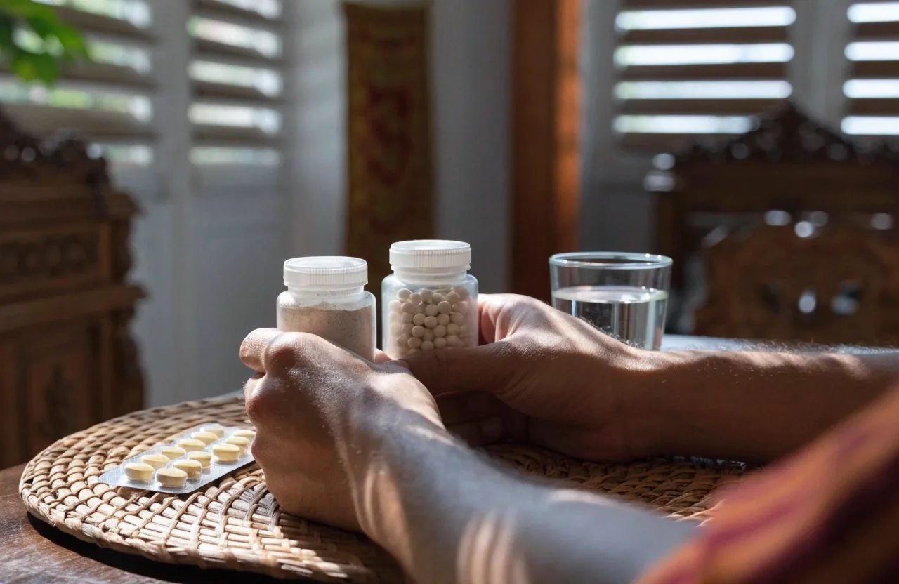 Two men's supplement bottles and a blister pack arranged on a shop counter while a customer lifts one bottle