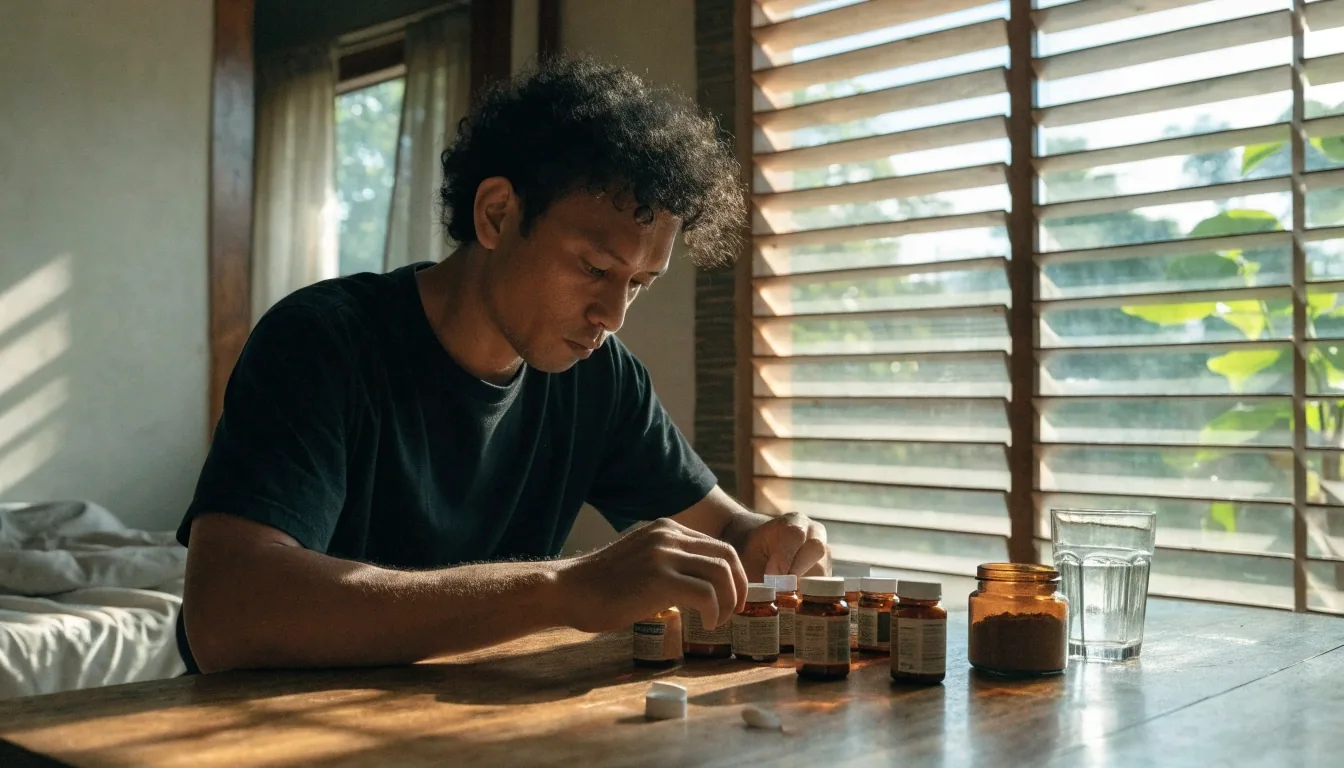 A man sorting unbranded supplement bottles and a jar of root powder at a home table in morning light